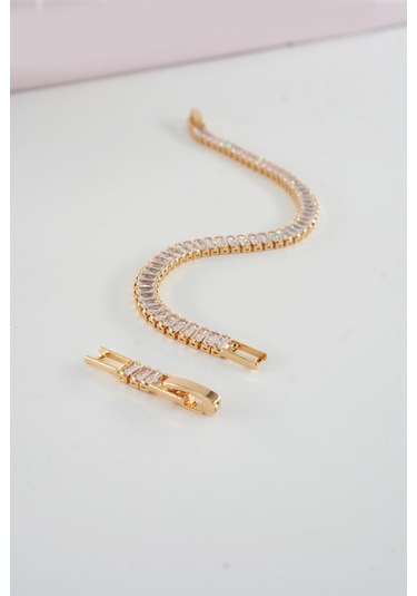 Kadın 316 L Çelik Vip Seri Antialerjik Baget Zirkon Taşlı Su Yolu Bileklik Ölçüleri 17cm + 3 Cm Uzatma 7 Mm Taş Boyutu-5210 Altın