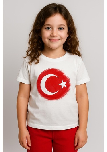 Erkek Çocuk Bayrak Baskılı Kısa Kol T-shirt - Beyaz Beyaz