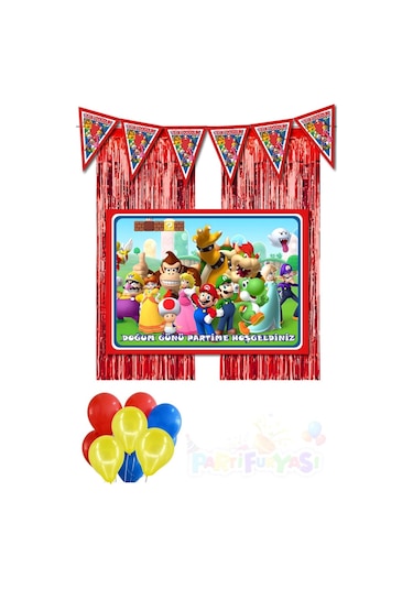 Süper Mario Lüks 70x100 Cm Afişli Doğum Günü Süsleri Seti