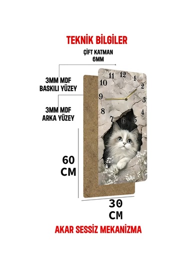 Uv Baskı Mdf Tablo Saat 30x60 Cm Sevimli Kedi Desenli Usd249 Ahşap Saat Usd249