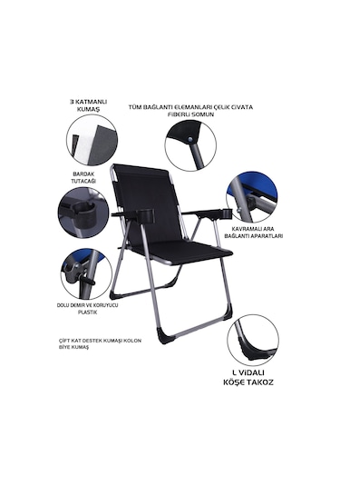 Alin Metal 3''lü Lüks Bardaklı Kamp Sandalyesi Ve Masa Set Siyah Siyah