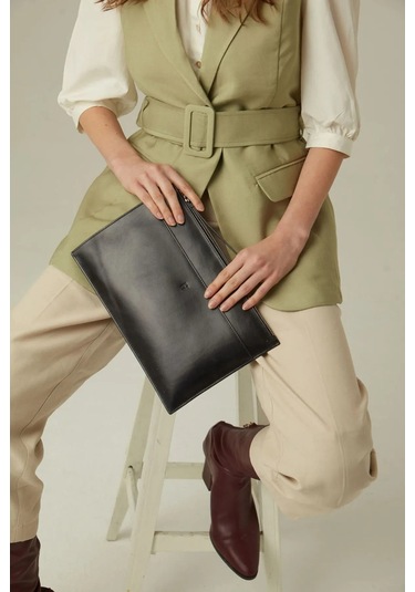 Beverly Hakiki Deri Siyah Kadın Cepli Fermuarlı Rfid Korumalı Portföy Çanta Siyah