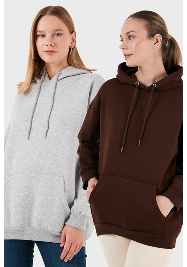 Lela Regular Fit Pamuklu Kapüşonlu Yaka Şardonlu Kışlık 2'Li Paket Bayan Sweat 5863854S2 Gri Melanj-Kahve