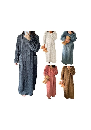 Sonbahar Kış Gecelik Kalın Mercan Polar Gevşek Cepler Sıcak Düz Renk Yuvarlak Boyun Bükülmüş Doku Uzun Kollu Tam Boy Termal Ev Tekstili Beyaz