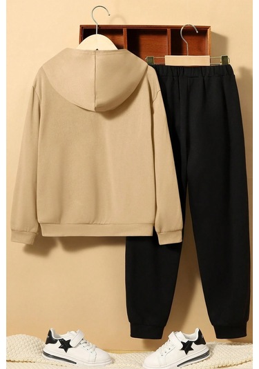 Papatya Kelebek Baskılı Çocuk Rahat Eşofman Takımı Bej