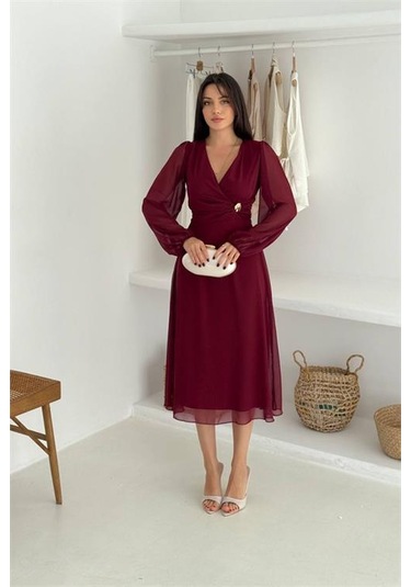 Neşeli Butik Kadın Bordo Astarlı Tokalı Şifon Elbise Nbk30281 Bordo