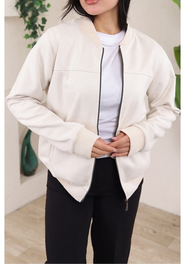 Bomber Kolej Su Geçirmez Ceket Açık Krem Süet