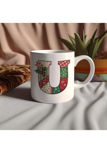 U Harfi Yılbaşı Temalı Kupa Bardak - Yeni Yıl Konsept Yamalı Efekt Tasarım - Noel Hediye Beyaz