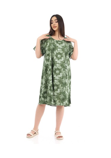 Schık Kadın Viskon Yarım Kol Kare Yaka Elbise Haki Haki