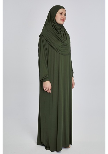 Pratik Başörtülü Rahat Giyilebilen Organik Tek Parça Namaz Elbisesi Haki