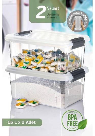 2'li Mega 15l Un Bakliyat Erzak Kabı - Kilitli Kapaklı Banyo Düzenleyici Deterjanlık Saklama Kutusu Şeffaf
