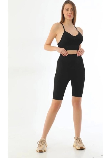 Siyah Mı Emay 3921 Soft Seamless Ripli Tayt Yoga Takımı SiYAH Siyah