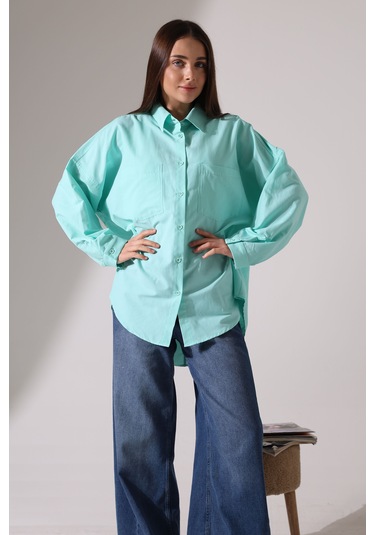 Yeni Sezon Poplin Kumaş Çift Cepli Oversize Pamuklu Kadın Tunik Gömlek Turkuaz
