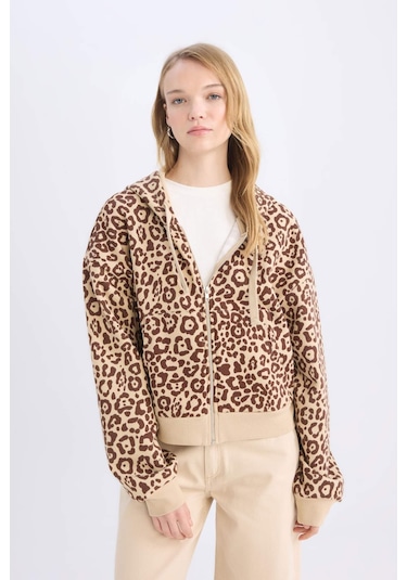 Defacto Coool Loose Fit Leopar Desenli Kapüşonlu Fermuarlı Sweatshirt E0780AX24WNBG389 Bej