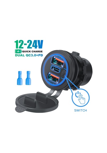 Mavi Araba Şarjı Çift Usb C Pd Bağlantı Noktaları Telefon Hızlı Qc3.0 Otomatik Adaptör Telefon 12v/24v Dokunmatik Anahtar İle Motosiklet Araba İçin