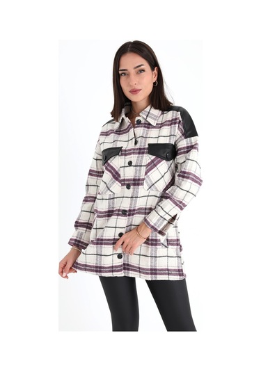 Deri Garnili Ekose Cepli Gömlek - Mor-mor Mor
