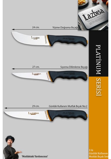 Lazbisa MFT-247 Platinum Serisi Mutfak Bıçak Seti Et Ekmek Sebze Meyve Bıçağı 3 Lü Set Günlük Kullanım Siyah