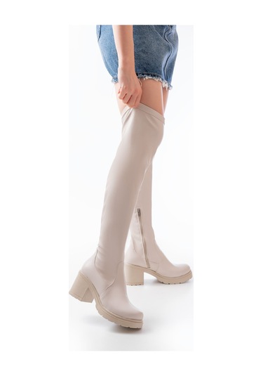 767-3010 Bej Streç Günlük Kalın Topuklu Kadın Çizme Diğer