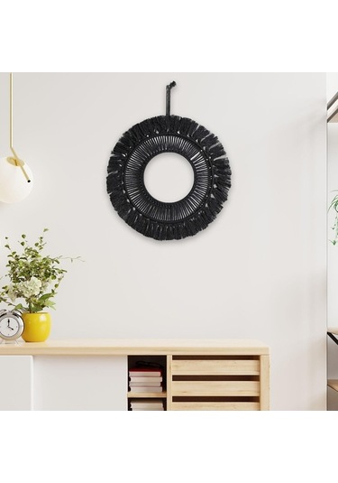 Pazly Yuvarlak Suntek Saçak Püskül-24cm Makrome Magideal Boho Ayna Asılı Jw Siyah