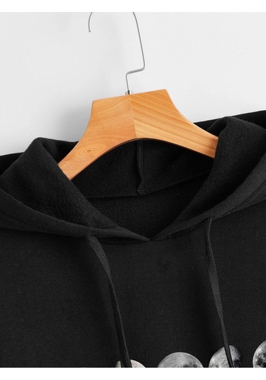 Kadın Beyaz Kapüşonlu Oversize Moon Baskılı Hoodie Sweatshirt Ts-Aybaskı Beyaz