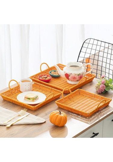 Porsima 709a Kare 3'lü Hasır Tepsi Dekoratif Sunum Servis Tepsisi