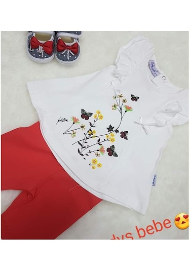 Candys Bebe Çiçekli Kız Bebek Takım Beyaz - Kırmızı