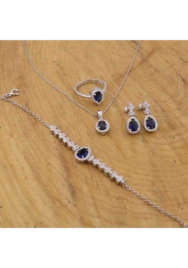 925 Ayar Gümüş Damla Desen Safir Taşlı Zarif Set