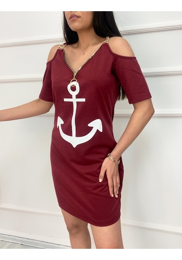 The İstanbul Fermuar Detay Çıpa Baskılı Zincir Askılı Iki Iplik Elbise - Bordo Bordo