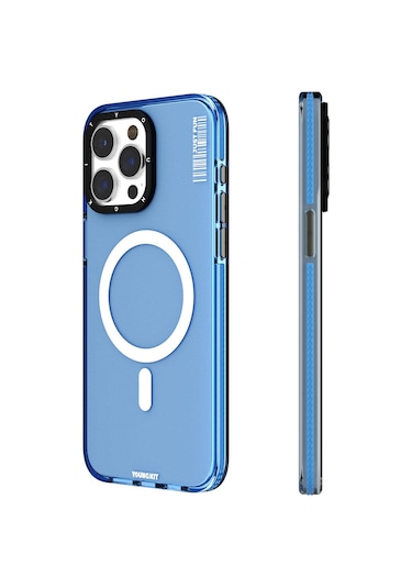 iPhone Uyumlu 15 Pro Max  Kılıf Magsafe Şarj Özellikli Youngkit Crystal Color Serisi Kapak Mavi