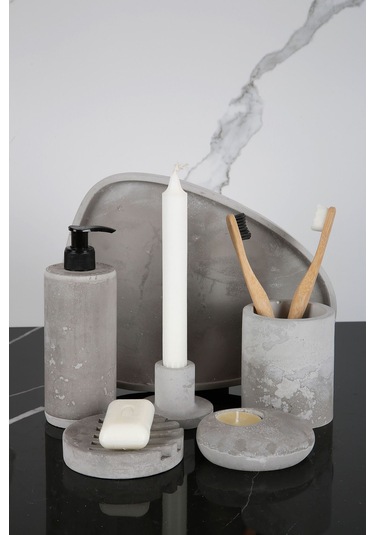 Betonmall 6 Parça Mermer Desenli Beton Banyo Seti Katı Ve Sıvı Sabunluk Mumluk Tütsülük Diş Fırçalığı - Beton Gri Beton Gri