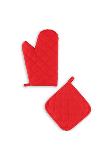 Yanmaz Fırın Eldiveni Ve Fırın Tutacağı 1 Eldiven 1 Tutacak Kırmızı