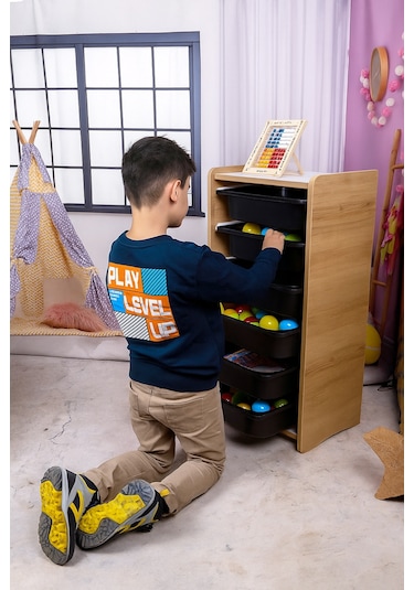 Montessori Mdf Oyuncak Dolabı 6 Siyah Plastik Çekmeceli Ceviz