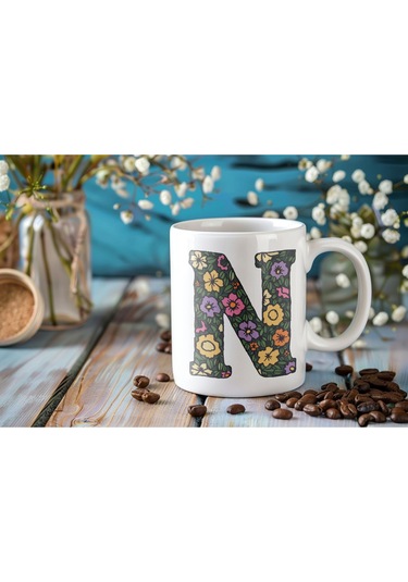 N Baş Harf Çiçek Desenleri İle Natural Tarz Kupa Bardak - Kişiye Özel Çiçekli Kahve Çay Bardak - Beyaz