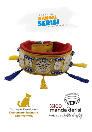Kangal Malaklı Akbaş Püsküllü Deri Boyun Tasması Sarı