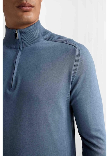 DeFacto Mavi Standart Fit Normal Kesim Yarım Balıkçı Yarım Fermuarlı Triko Kazak D0624AX24AUBE666