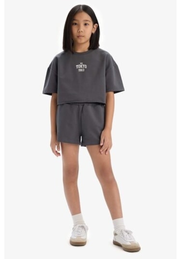 DeFacto Kız Çocuk 2'li Takım Baskılı Kısa Kollu Tişört Şort E0730A825SMAR15 Antrasit