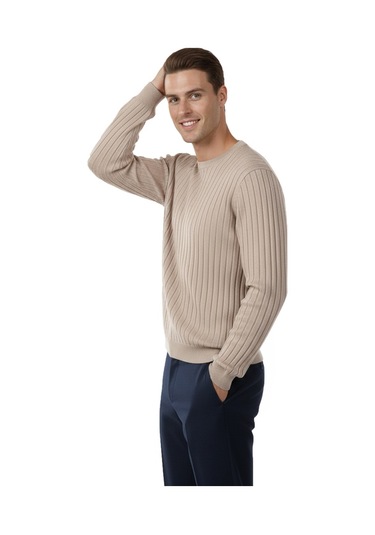 Deepsea Erkek Bej Rahat Kalıp Çizgi Dokulu Triko Kazak Şık & Modern Tasarım 2605432 Bej