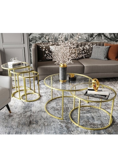 Dekoport Milas Mat Gold Orta Ve Zigon Sehpa Seti - Şeffaf Cam Gold