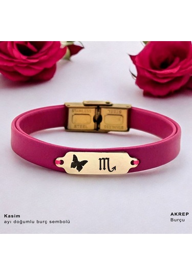 Archin Kasım Ayı Doğumlarına 14 Ayar Altın Plakalı Pembe Derili Kelebek Figürlü Hediye Bileklik-651ay Kasım