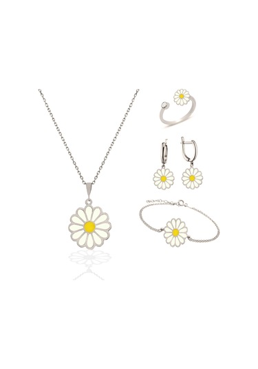 Brezza Lusso Jewelry 925 Ayar Gümüş Papatya Model Kolye Yüzük Küpe Bileklik Kadın Set