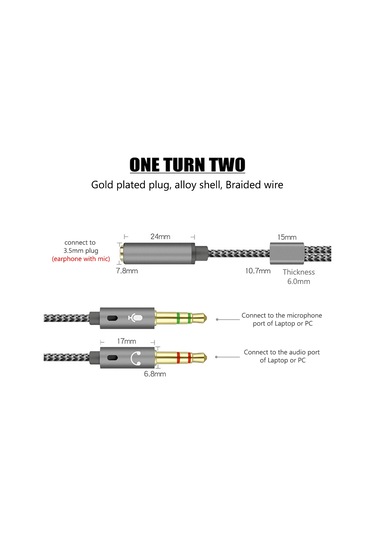 Hombey 25cm Gümüş Nylon Dokuma Ses Kablosu - İki 3.5mm Erkekden Tek 3.5mm Dişeye Çevirici