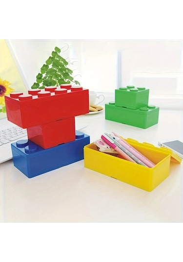 Zhanglei001 Mavi Kare Yaratıcı Lego Kozmetik Organizatörü, Plastik Makyaj Saklama Kutusu, Kompakt Masaküstü Aksesuar Mavi