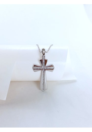 18 Ayar Altın Kaplama Işıltılı Cros Pendant Haç Kadın Gümüş Kolye
