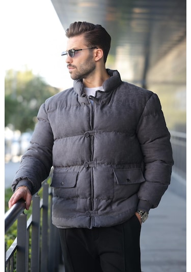 Madmext Füme Düğmeli Dik Yaka Erkek Şişme Mont E7435 Füme