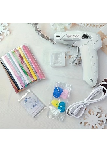 Honeybeeshop Beyaz Takım 10w 20w Şarj Edilebilir Usb Manuel Damlamayan Tutkal Tabancası 30 Renkli Çubuk Ve Ayı Figürlü Değirmen Kart Paketi