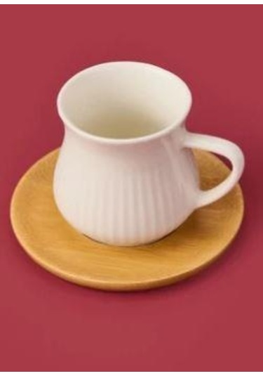 Mien-23403 Bambu Tabaklı 6lı Kahve Fincan Takımı Ahşap - Beyaz