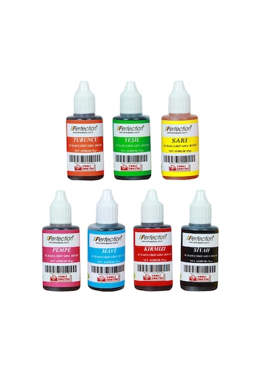 Perfection Chef 7'li Sıvı Su Bazlı Likit Gıda Boyası Siyah Pembe Turuncu Sarı Kırmızı Mavi Yeşil 7 X 30 Gr .