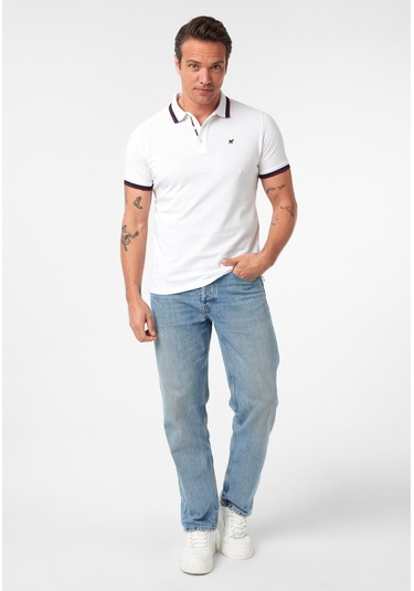 Javeir Erkek Regular Fit Çizgi Detaylı Polo Yaka T-shirt Beyaz