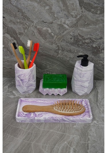 4 Parça Mor Mermer Desenli Beton Banyo Seti Diş Fırçalığı Sıvı Katı Sabunluk Tepsi Lila