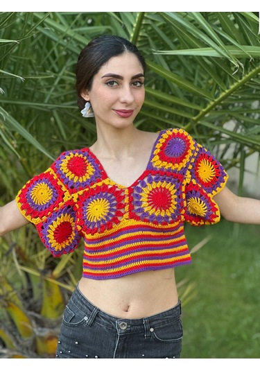 Gönülden Tasarım El Örgüsü Etnik Kadın Crop Bluz Turuncu